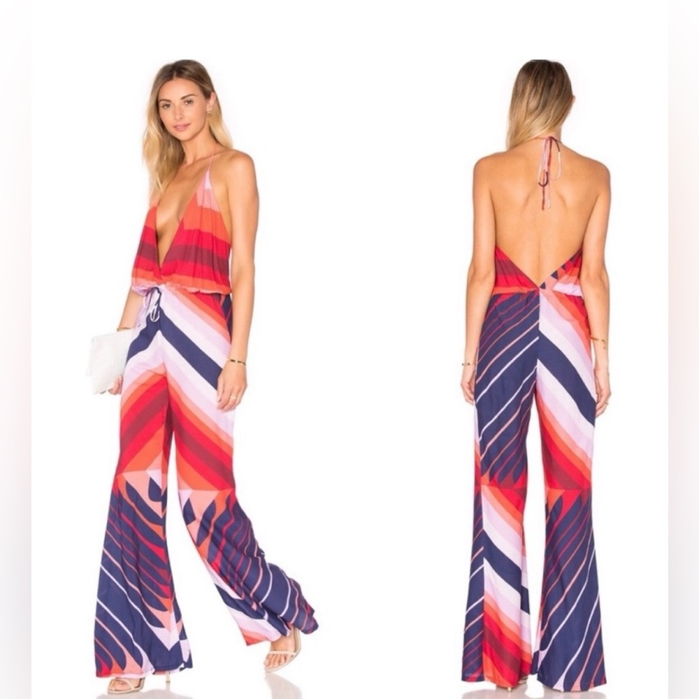 Novella Royale Multicolor Striped Halter Wide-Leg Lady Jumpsuit in Blush Geo